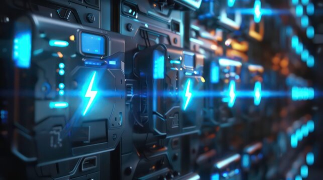 Close-up of a futuristic charging station with glowing lightning bolt icons.