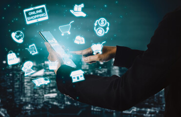 Online shopping and Internet Money Payment Transaction Technology. Modern graphic interface showing e-commerce retail store for customer to purchase product on website and pay by online transfer. uds