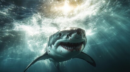 A great white shark emerging from the deep sea