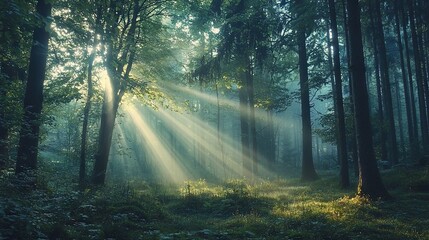 Obraz premium Sun shines through leafy trees, filling forest with green grass