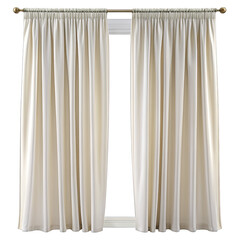 White and off-white curtains hang on a gold window rod. The curtains are drawn closed, blocking out any view. The curtains are smooth and unwrinkled