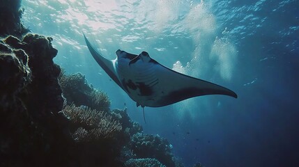   A manta ray gracefully glides over vibrant coral in azure ocean waters near a remote tropical island