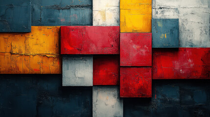 Abstract painting with geometric shapes, lines, blocks, squares, white background, modern art style. Modern contemporary painting. Abstract composition in oil on canvas. Painting Texture Background