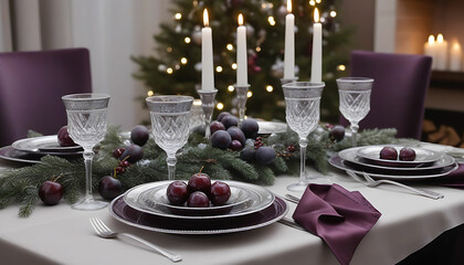 Elegant Christmas Table Setting: Sparkling Crystal Glassware, Metallic Ornaments, Pine Branches, Plum-Colored Candles, Silver Plates with Dark Cherries, and Dreamy Bokeh Lights
