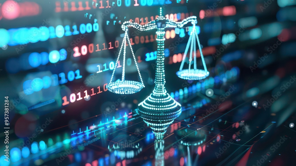 Poster a 3d rendered digital scales of justice with binary code in the background.