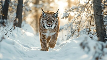 Obraz premium A lynx stalking through a snowy forest