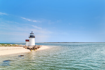 Aerial view of Brant Point lighthouse on Nantucket Island and the surrounding water