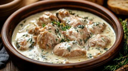 Hungarian national cuisine: Rabbit stewed in sour cream with herbs.