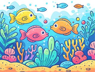 Obraz premium **Exploratory Journey into the Vibrant Underwater Realm: A Minimalist Illustration of Marine Life's Serenity**