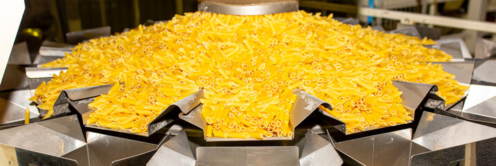 Pasta factory. Close-up of raw pasta on machines and conveyor. Pasta production equipment. Modern...