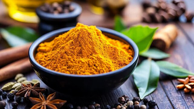 A bowl of turmeric powder, with other spices like black pepper and cumin, next to it.
