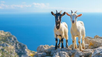 A pair of goats climbing a rocky hill on a farm