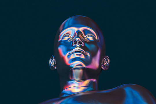 Iridescent metal head sculpture. Artificial intelligence concept