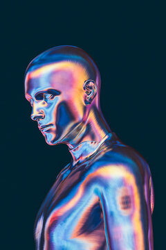 Iridescent metal head sculpture. Artificial intelligence concept