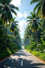 Fototapeta premium Sunny Tropical Road with Dense Greenery and Majestic Palm Trees