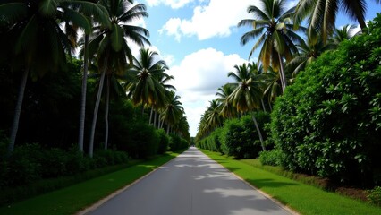 Fototapeta premium Well-Maintained Road in a Tropical Environment with Palm Trees and Dense Greenery
