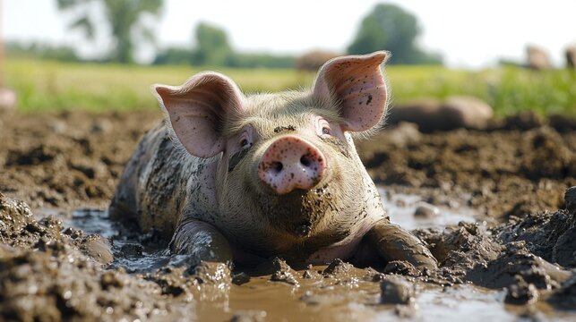 A pig rolling in the mud on a sunny farm day
