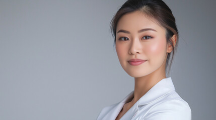 Fototapeta premium Confident Asian Female Doctor in White Lab Coat - Professional Medical Portrait
