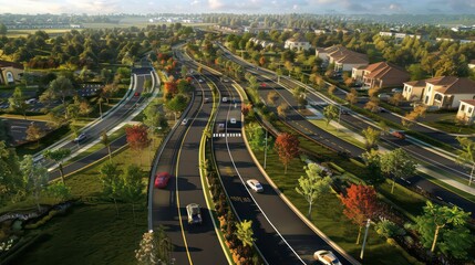 Fototapeta premium An aerial view of a winding road through a residential neighborhood with lush green trees and houses in the background, under a blue sky with clouds.