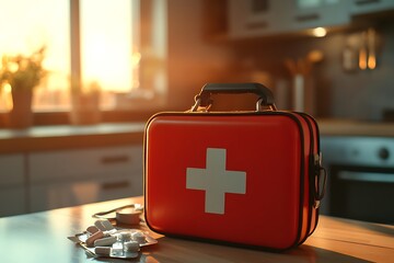 First aid kit sitting on table with pills spilled nearby