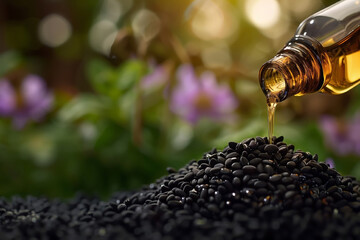 Close-up of a jet of black cumin oil flowing out of a bottle onto black seeds. Generated AI