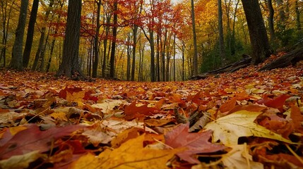  A forest brimming with trees adorned in yellow and red leaves, blanketing the leaf-covered ground