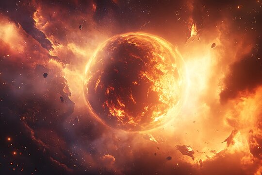 Burning planet exploding in outer space with fire and debris