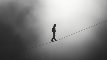 Person Walking on Tightrope with Grayscale Background - Emphasizing Solitude, Balance, and Focus in a Minimalist and Thought-Provoking Design