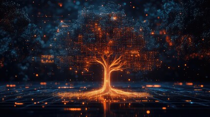 Abstract Technology Tree with Glowing Lines and Dots on Dark Background, Symbolizing Digital Growth and Connectivity