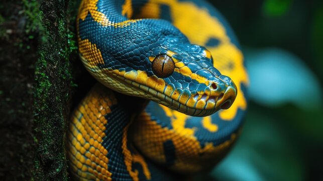 A python coiled around a tree in the heart of the jungle