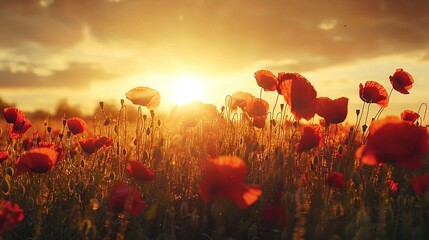 Obraz premium Red flowers fill the field, basking in the sunset at midday