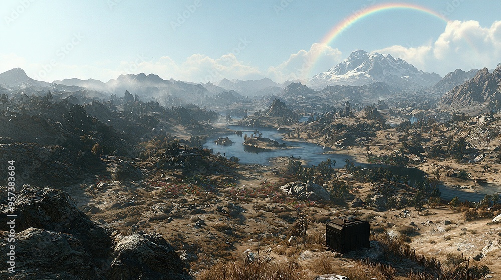 Poster rainbow in sky over mountains with lake in foreground and background range