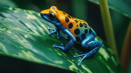   A blue and yellow frog rests atop a green leaf, adjacent to a green and yellow plant foliage