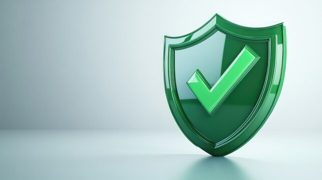 Green Check Mark Sign with Certificate and Shield on White Background