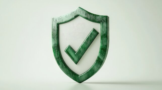Green Check Mark Sign with Certificate and Shield on White Background