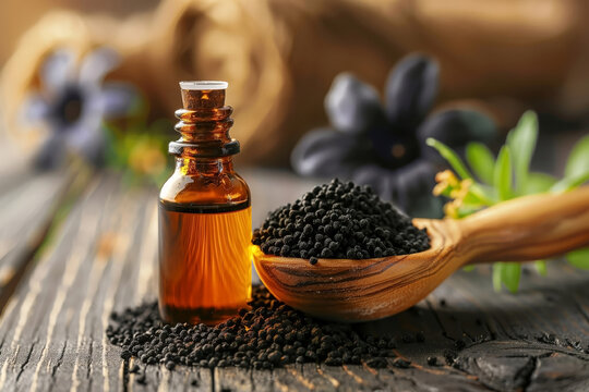 Ampoule of black cumin oil and cumin flowers on a wooden tray. Generated AI