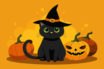 Black cat background with pumpkins and witch hat - Halloween Background illustration