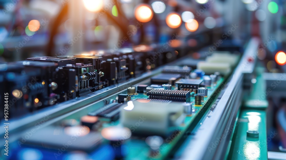 Poster closeup of circuit boards on an automated assembly line