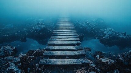   A wooden dock stretches along the edge of a waterbody, surrounded by rocks on either side and lapping waves on all sides