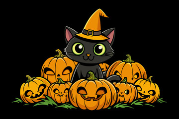 Black cat background with pumpkins and witch hat - Halloween Background illustration