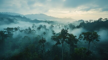 Fototapeta premium Forest brimming with numerous trees, perched on a verdant hillside, enveloped in a hazy sky, on a gloomy day