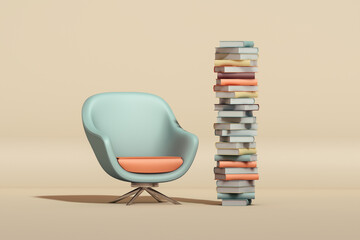 A cozy reading nook with a stack of books