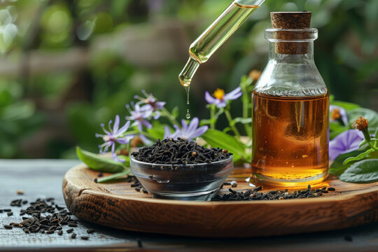 Ampoule of black cumin oil and cumin flowers on a wooden tray. Generated AI