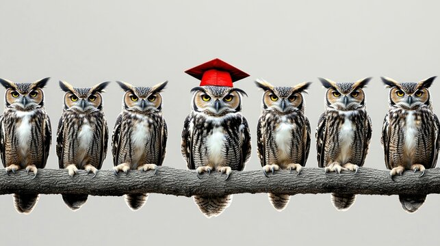 Owls in a Row with One Wearing a Graduation Cap