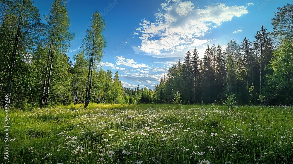 Canvas Prints a meadow brimming with flowers and trees beneath a cerulean sky, dotted with midday clouds