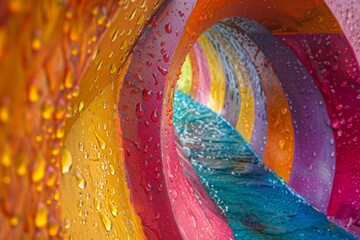 A detailed view of a colorful tunnel adorned with rain droplets, showcasing a vibrant rainbow spectrum and a reflective wet surface.