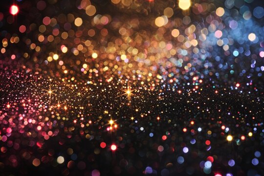 Golden and multicolored bokeh lights twinkle on a dark background, resembling sparkling stars, evoking a sense of magic and wonder.
