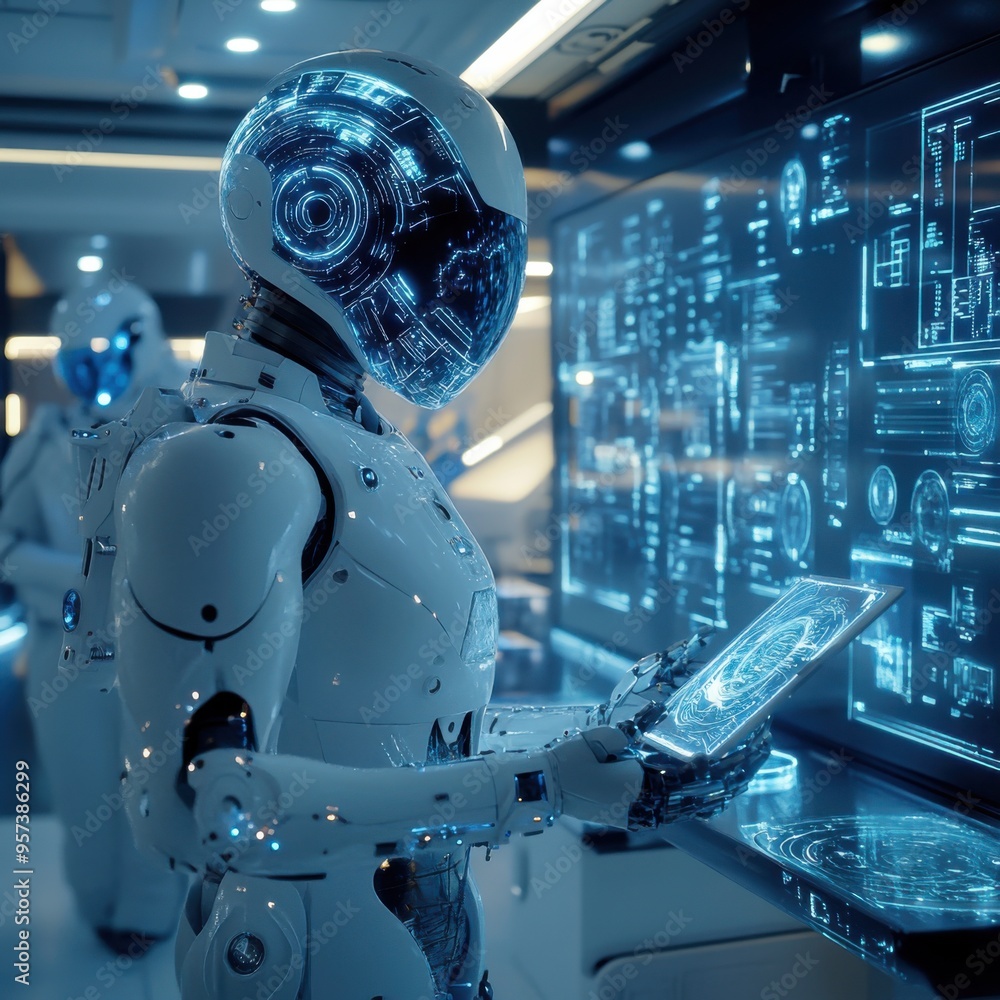 Poster ai in a futuristic lab designing new technology with holographic displays