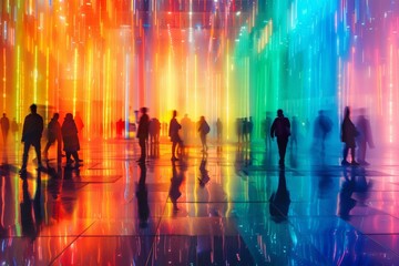 A captivating scene with rainbow-colored lights illuminating a space, where silhouettes of people add a dynamic and ethereal touch.