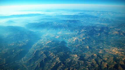   A bird's-eye view of mountains with a river carving a path through their middle in the foreground